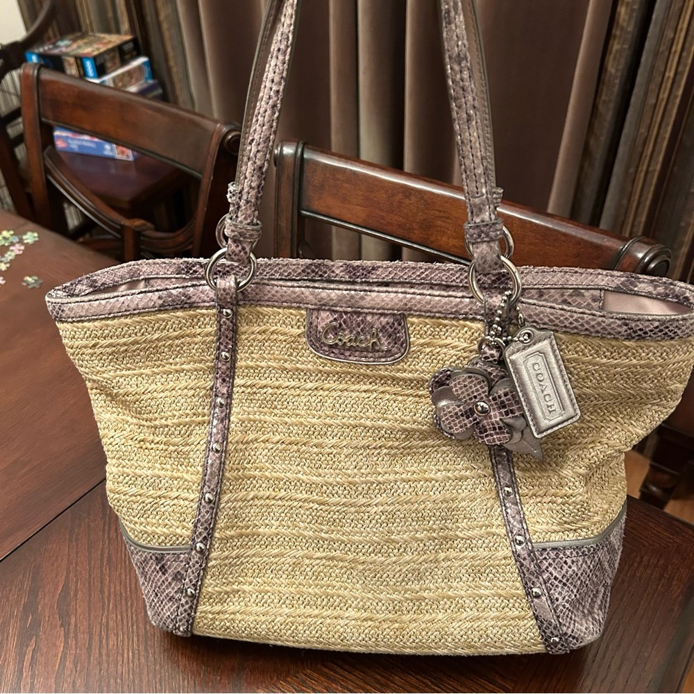 Coach Vintage Straw Tote With Python Leather Trim - image 2